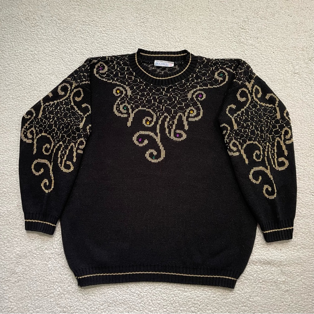 Vintage Rose 80s Glamour Bejeweled Knit Crewneck Sweater